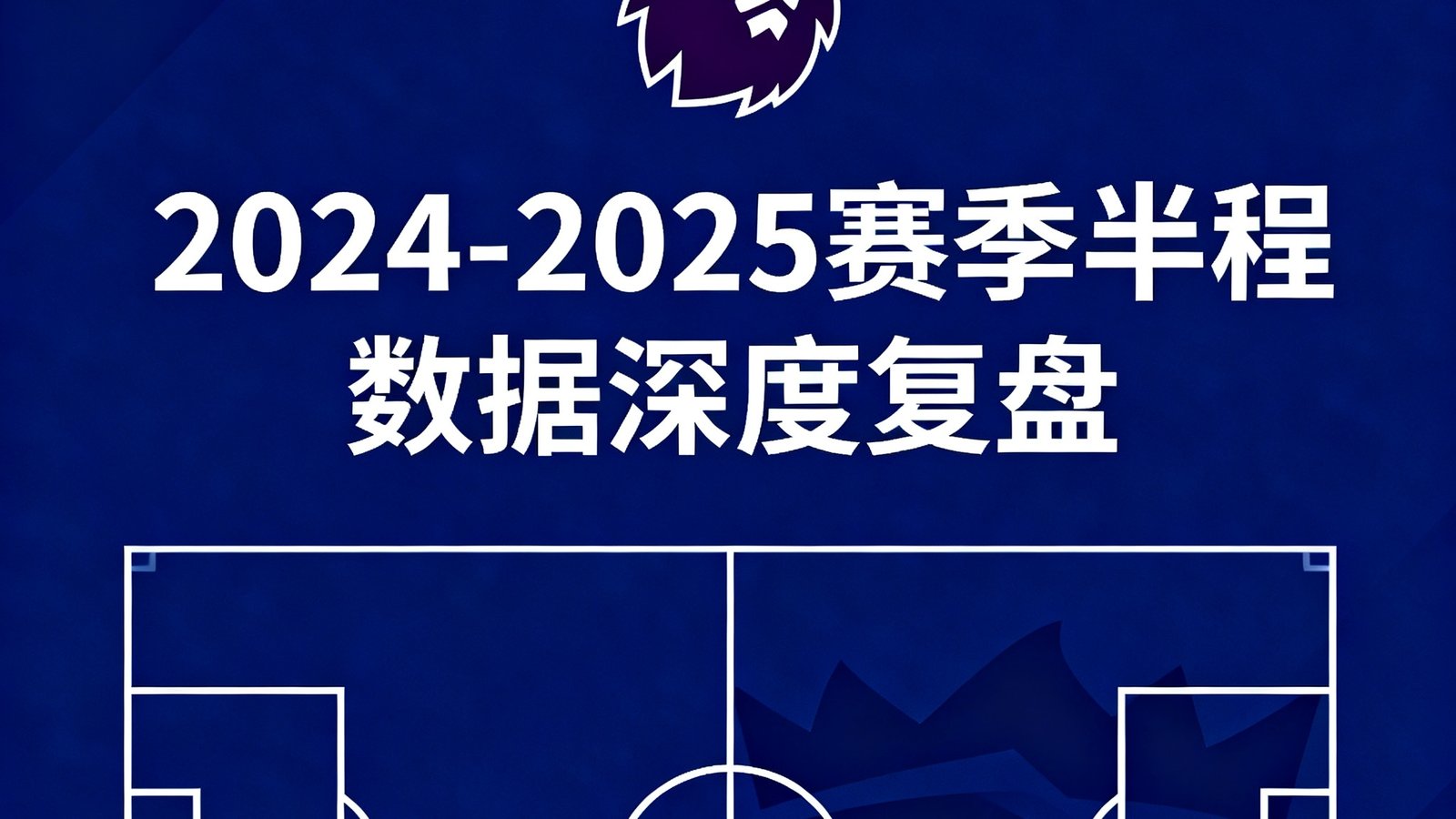 深蓝色背景上印有英超联赛标志和'2024-2025赛季半程数据深度复盘'的标题文字，下方是足球场战术线条的抽象图形。